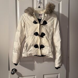 Juicy Couture Cream Puffer Jacket with Faux Fur Hood